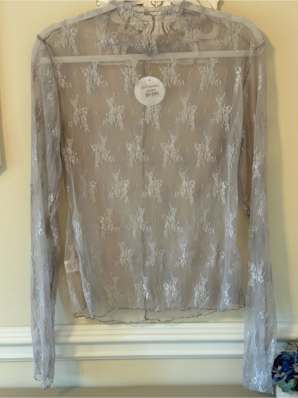 Sheer Lace Long-Sleeve Chemise Top in Light Gray